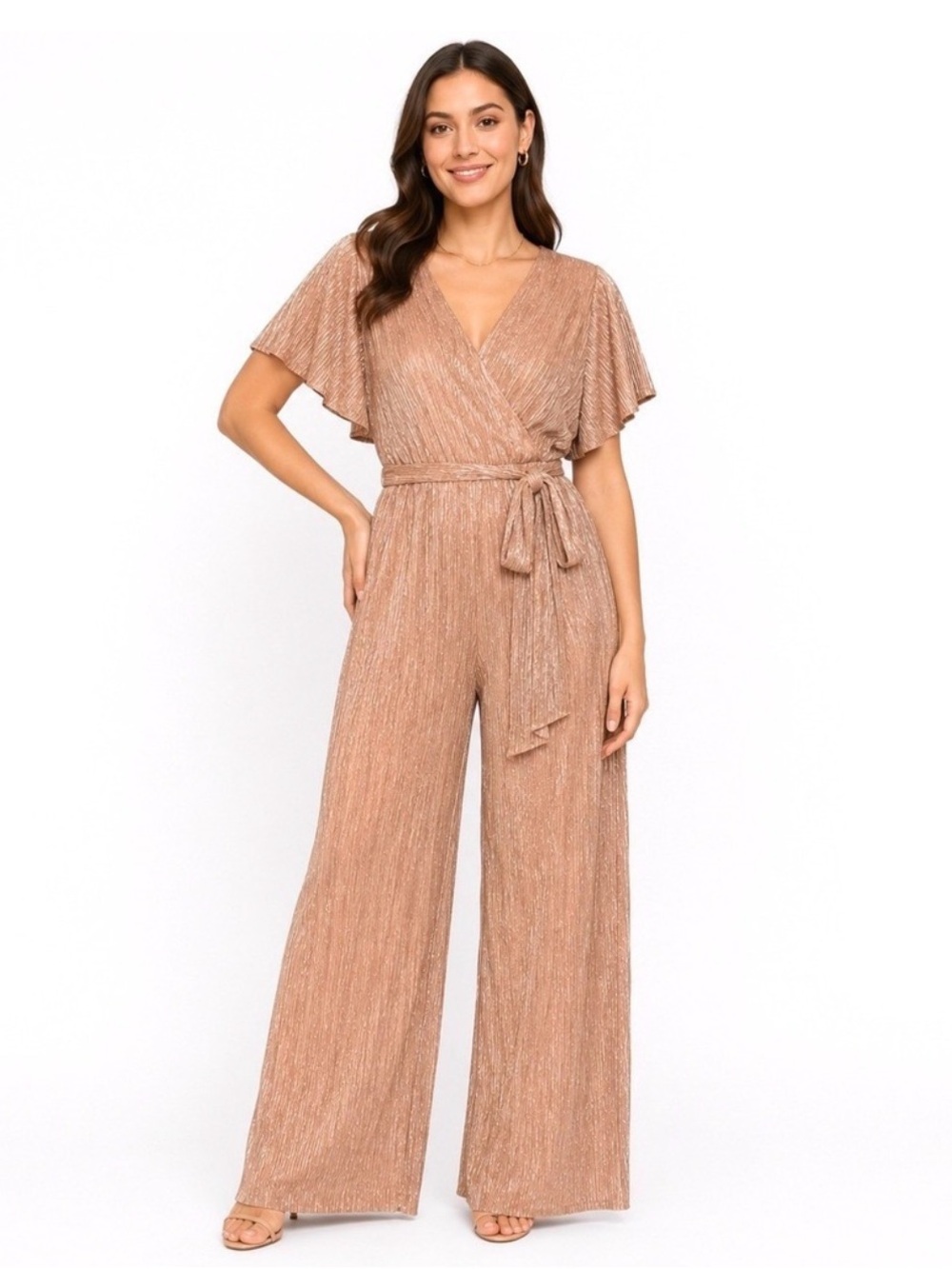 Adrianna Papell Metallic Pleat jumpsuit on rose gold size 14